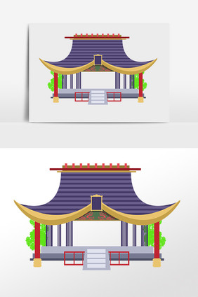 手绘卡通古风门楼建筑插画