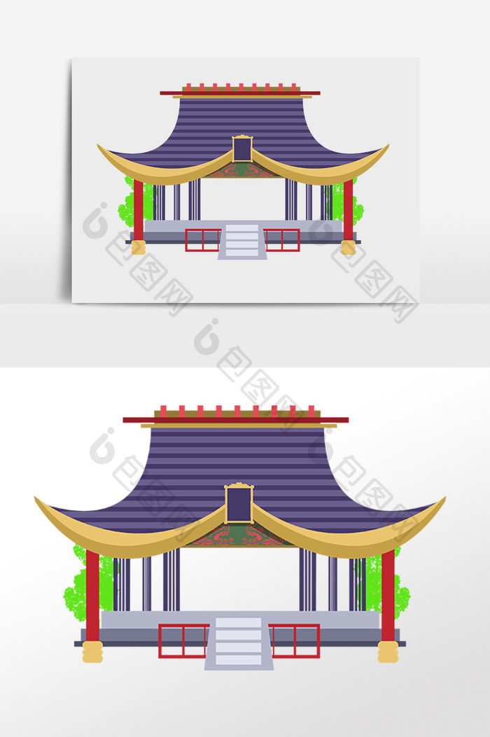 手绘卡通古风门楼建筑插画