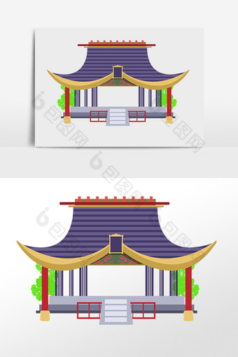 手绘卡通古风门楼建筑插画图片