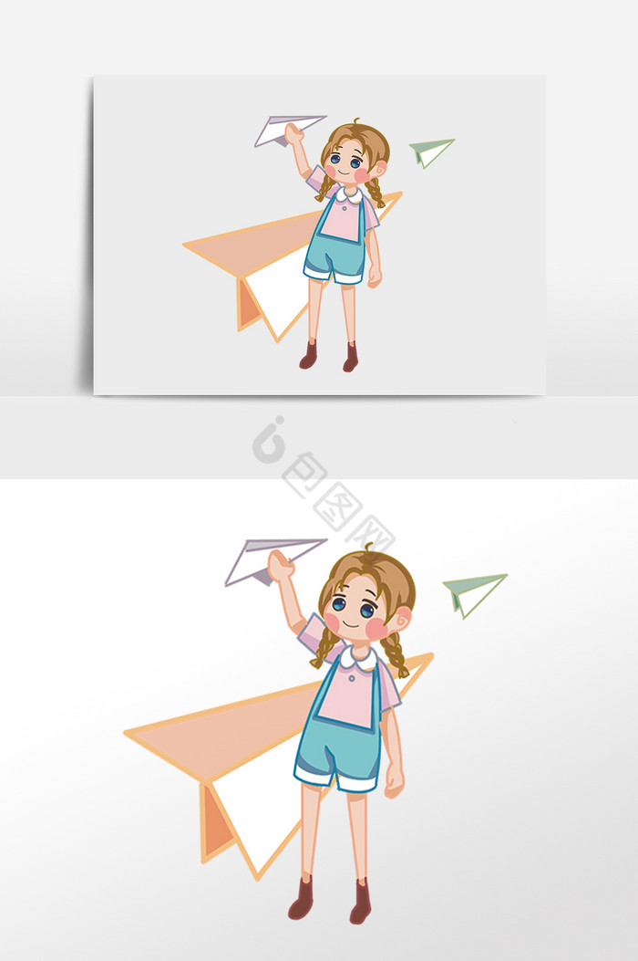 儿童节快乐玩纸飞机女孩插画图片