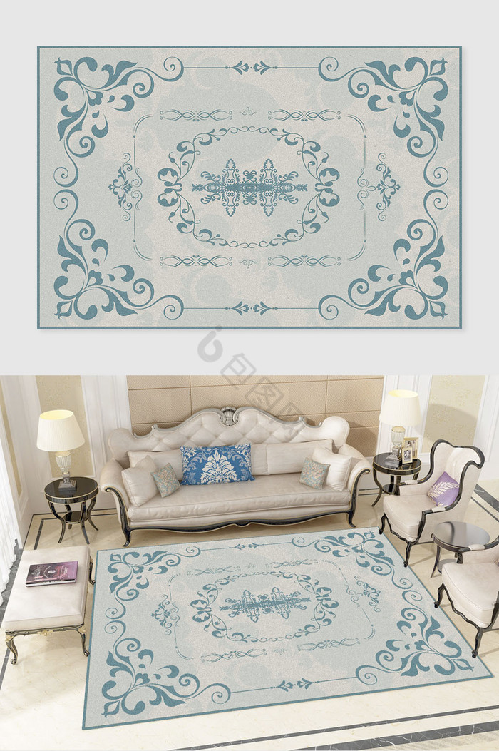 欧式花纹蓝色淡雅花纹客厅卧室地毯图案图片