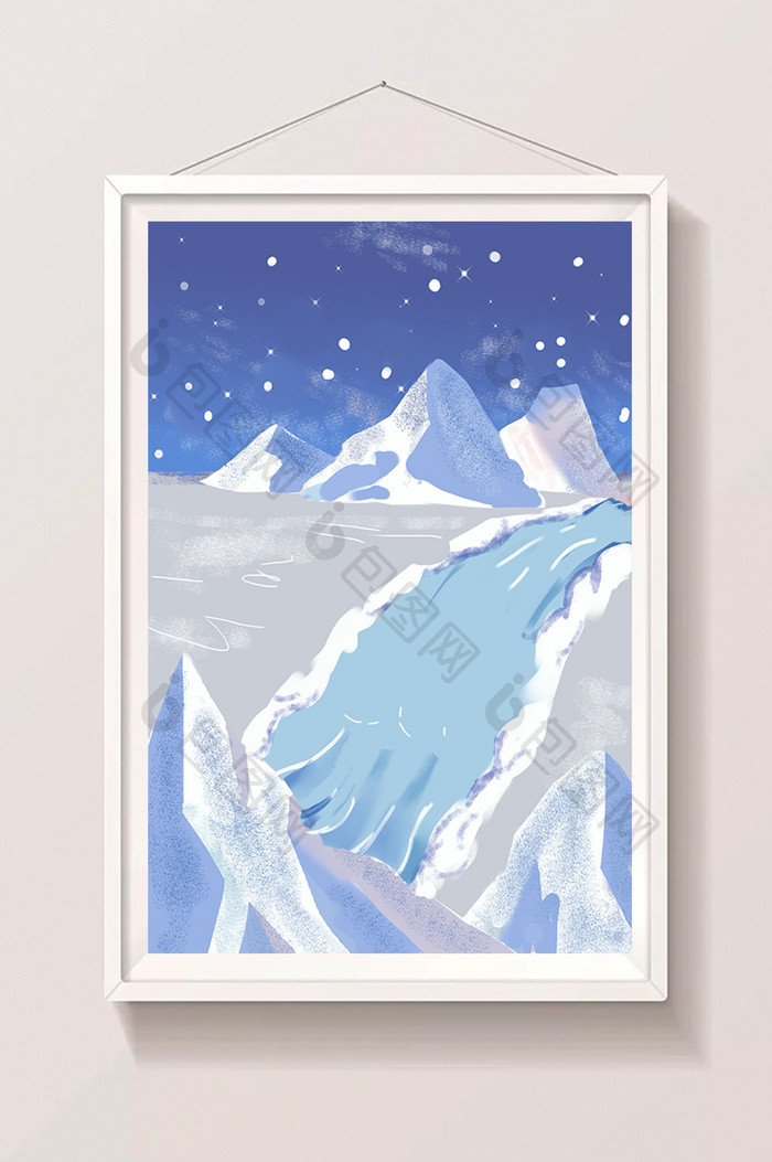 手绘大雪中的山峰插画背景