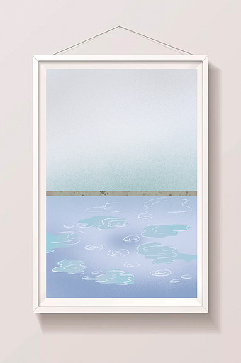 手绘蓝天下的水塘插画背景图片