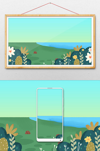 手绘海岸的植物插画背景图片