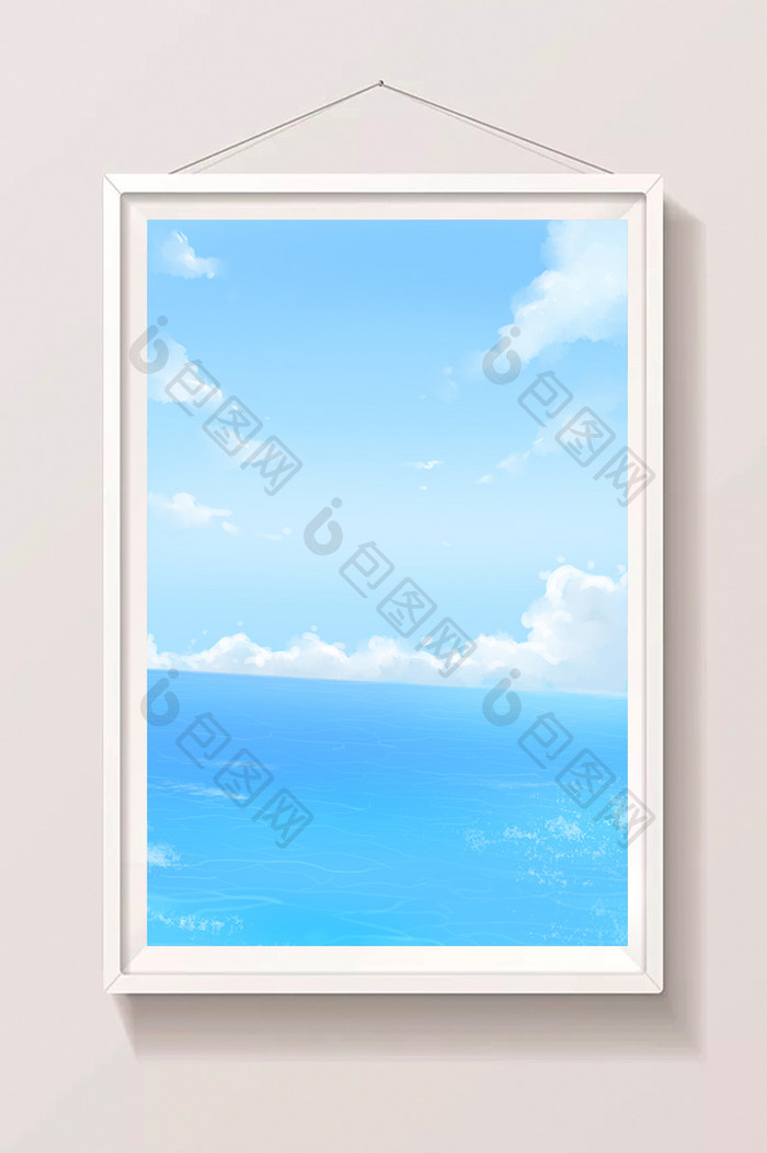 手绘蓝天和蓝色的海洋插画背景