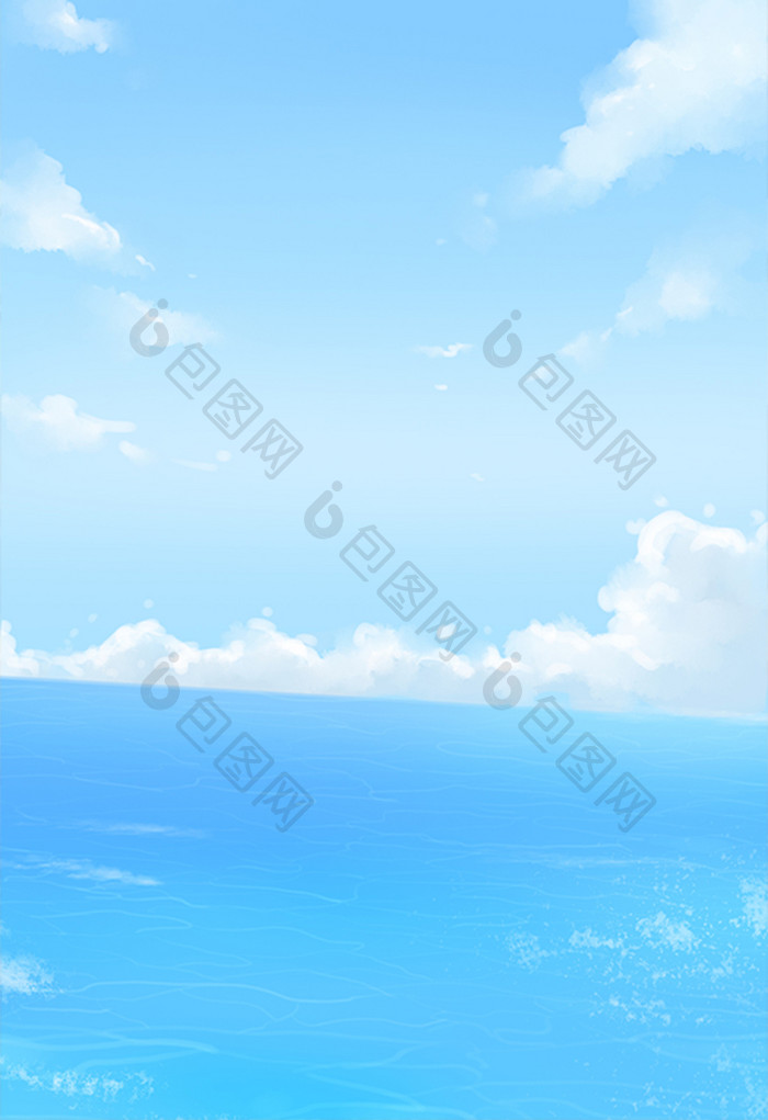 手绘蓝天和蓝色的海洋插画背景