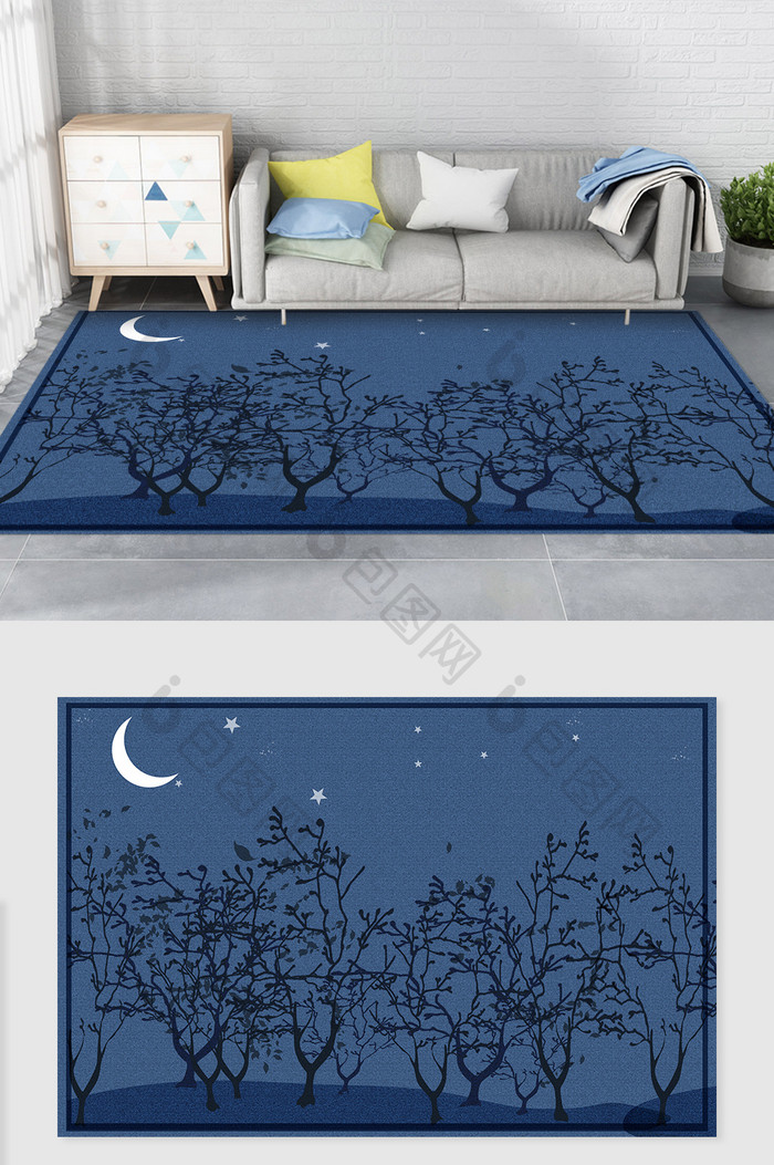 卡通夜景森林月光图案蓝色背景地毯图案