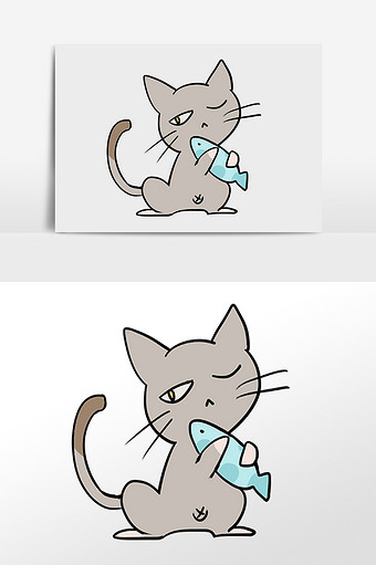手绘卡通可爱动物吃鱼小猫插画