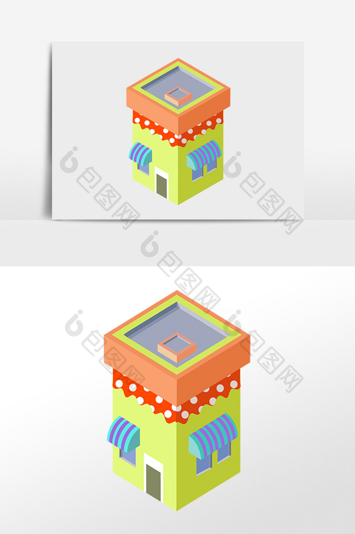 手绘2.5D立体小吃店建筑插画