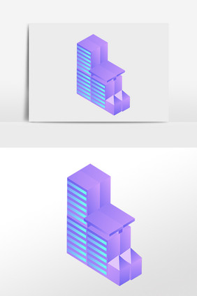 手绘2.5D立体办公楼建筑模型插画