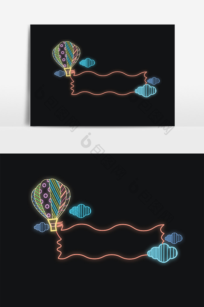 手绘彩色霓虹灯热气球边框插画