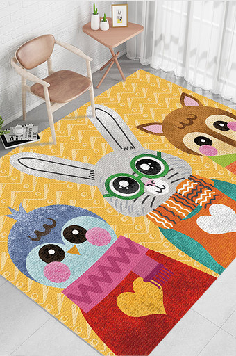 卡通企鹅兔子狐狸几何线条儿童房地毯图案图片