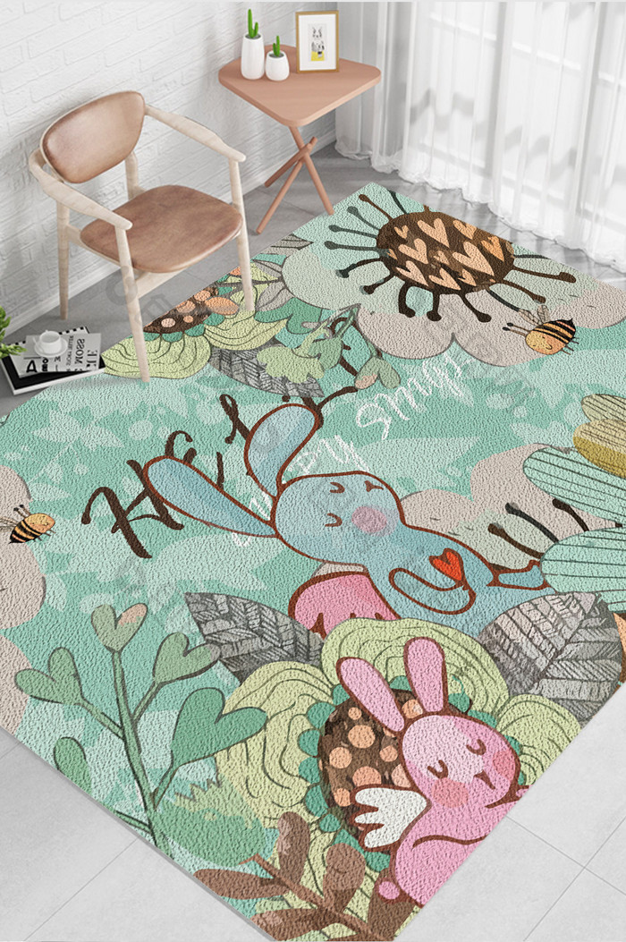 简约小清新现代卡通植物兔子儿童房地毯图案
