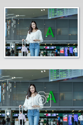 美女拉行李箱机场出发旅游摄影图片