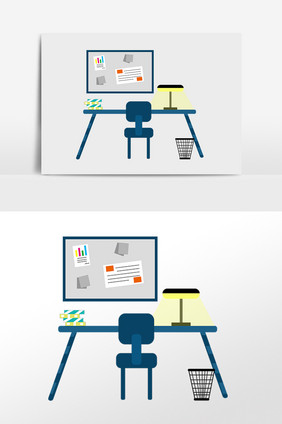 手绘办公室办公桌电脑用品插画