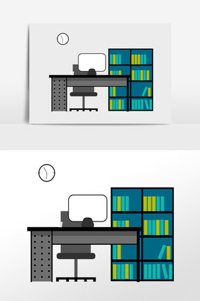 手绘办公室办公桌书柜插画