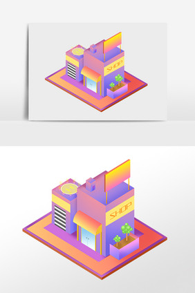 手绘2.5D立体建筑小卖店插画