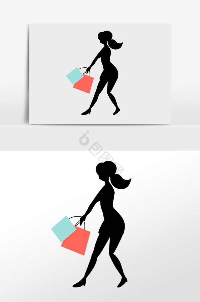 购物女孩提购物袋剪影插画图片