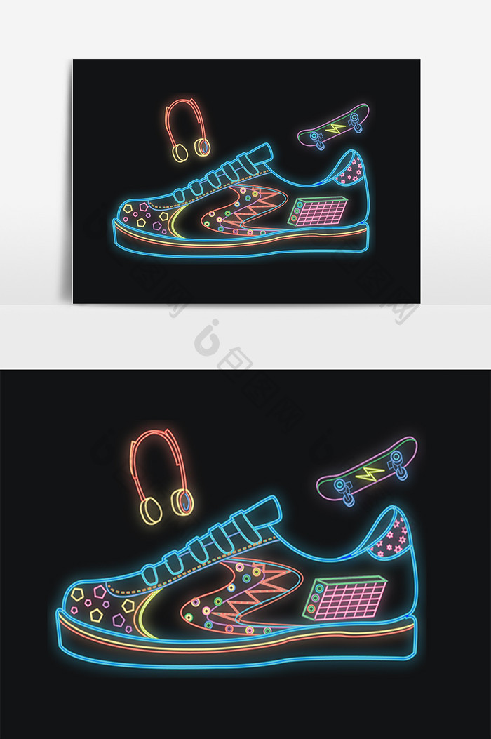 手绘创意霓虹灯装饰滑板鞋插画