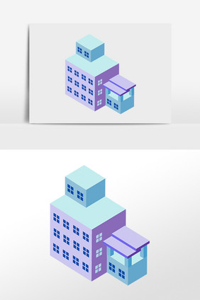 手绘2.5D立体建筑楼房模型插画