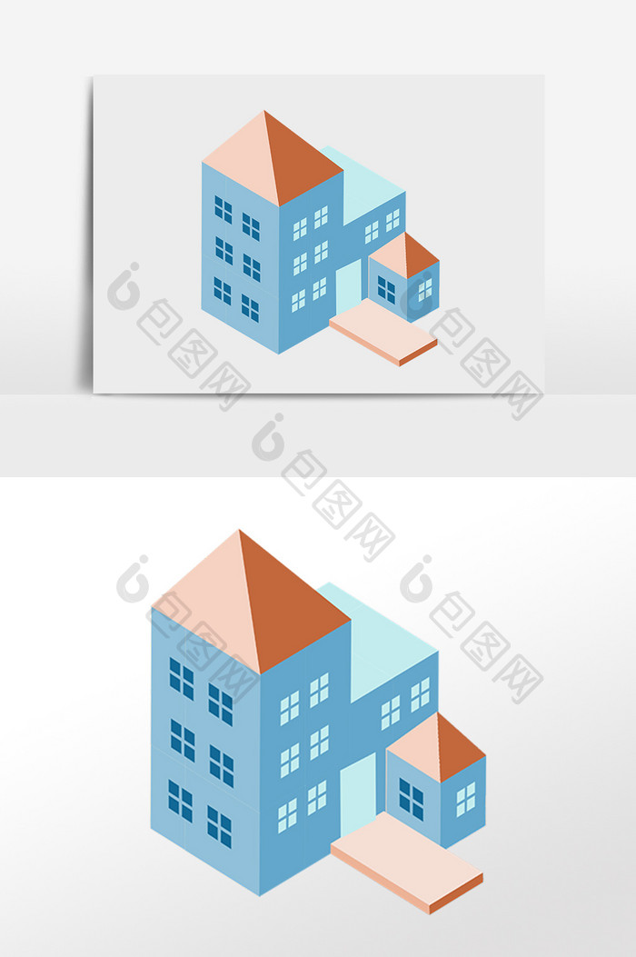手绘2.5D立体蓝色建筑模型插画