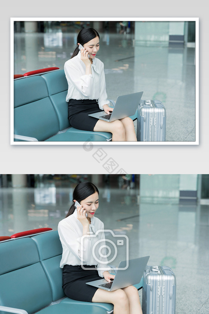 机场候机打电话看电脑的职场女性摄影图片