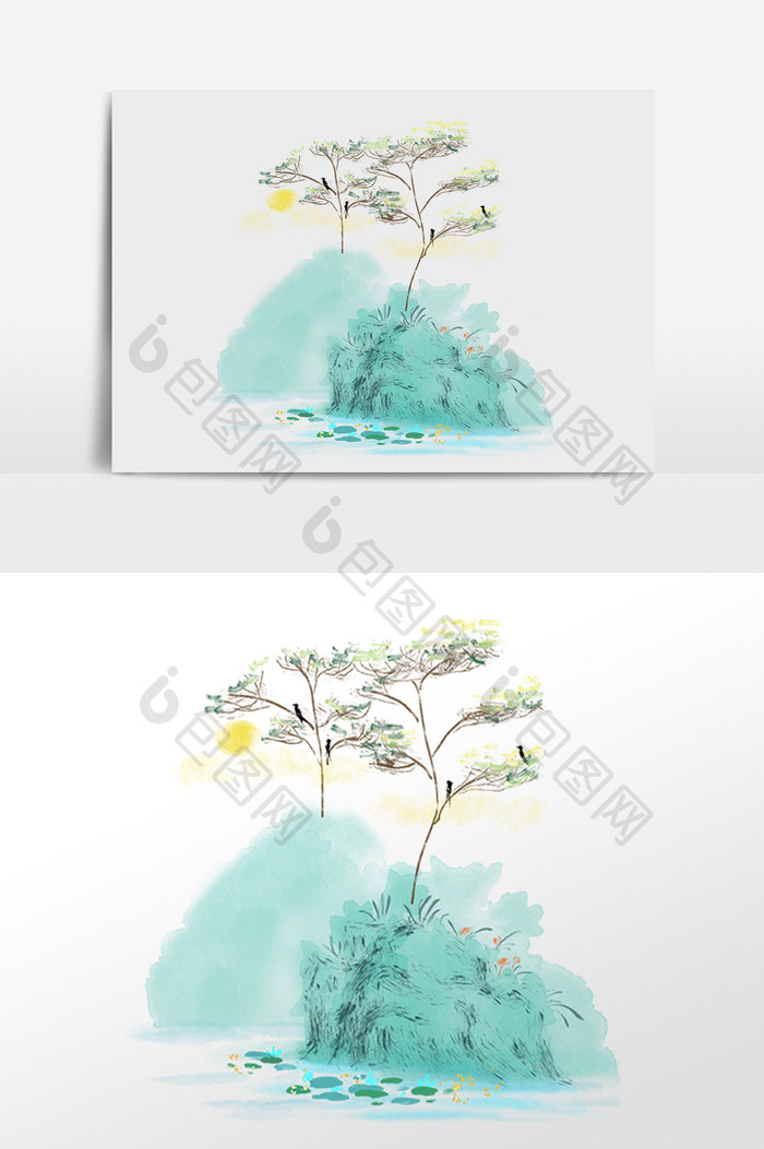 手绘中国风水墨植物小树插画