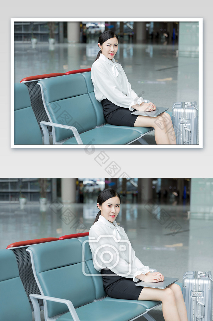 商务女性机场候机微笑等待摄影图片