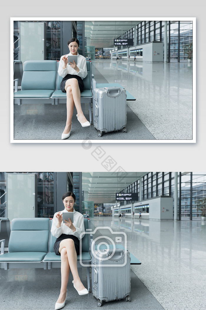 商务女性机场候机使用平板电脑摄影图片