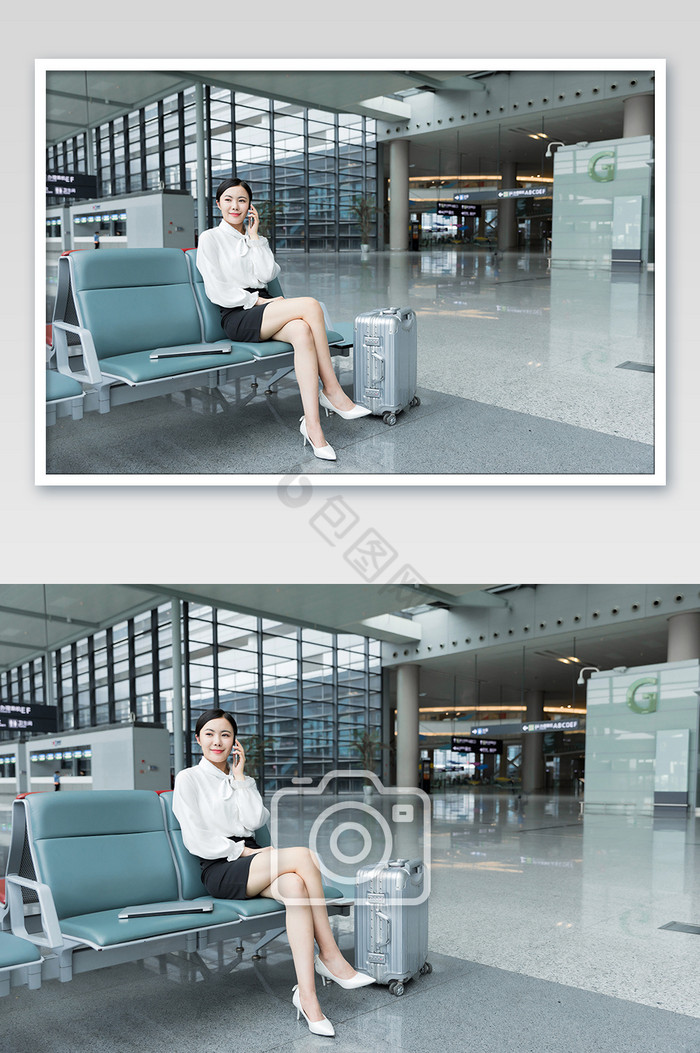 商务女性机场候机打电话摄影图片