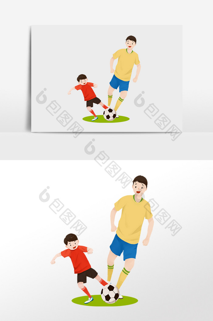 手绘父亲节快乐踢足球父子插画