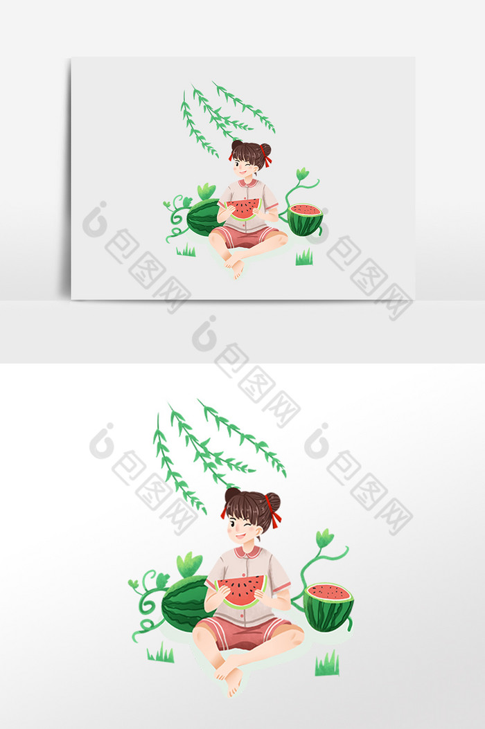 夏季芒种女孩吃西瓜插画图片图片
