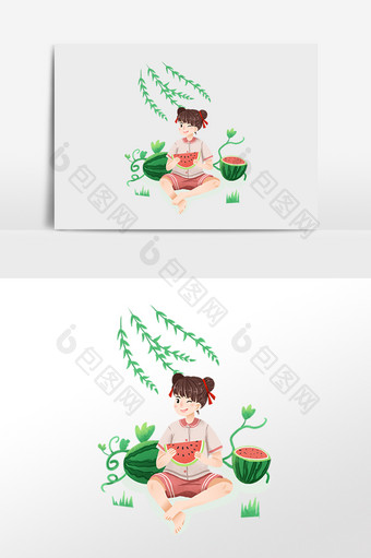 手绘夏季芒种女孩吃西瓜插画图片