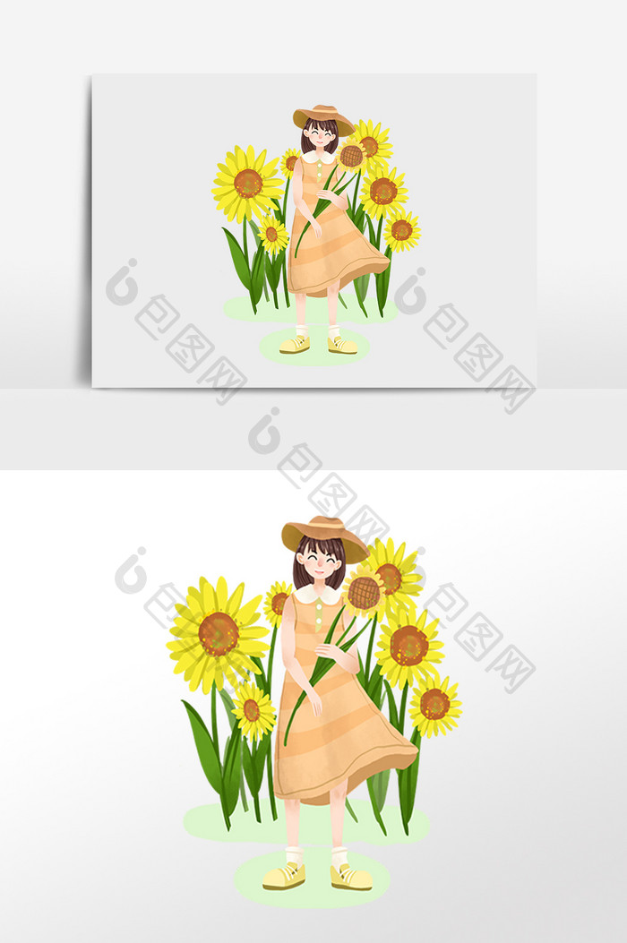 手绘夏季芒种收割向日葵女孩插画