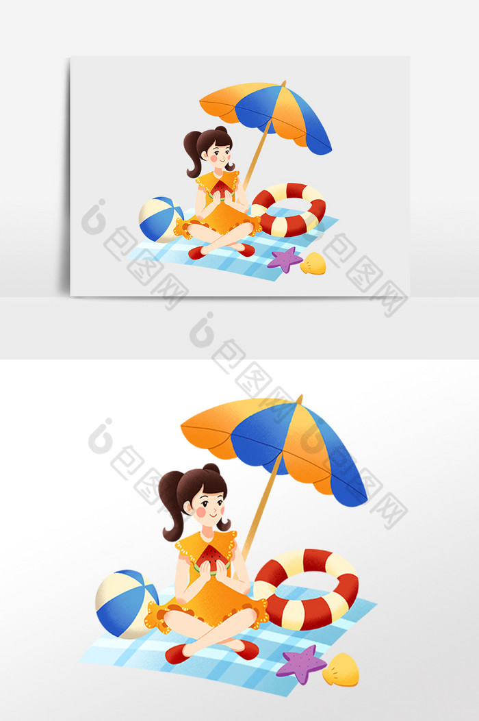 夏季大暑海滩乘凉女孩插画图片图片