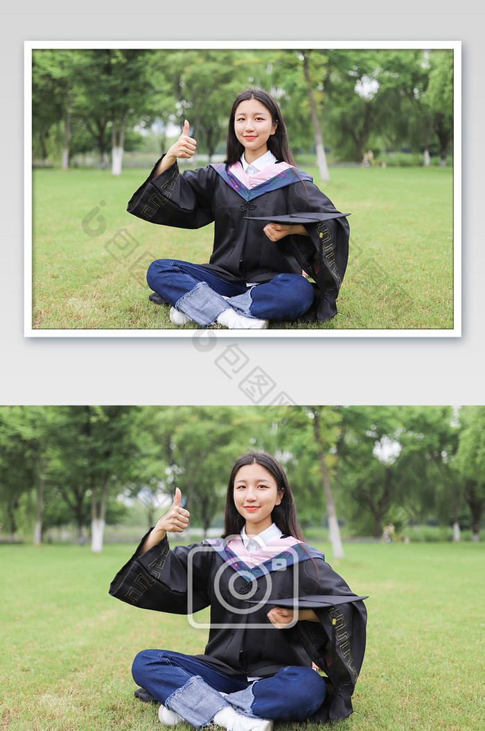 大学生毕业季学士服草地大拇指摄影图片