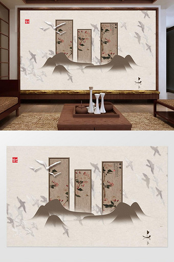 新中式工笔花鸟条屏背景墙图片