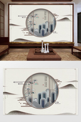 中式意境抽象水墨山水风景客厅背景墙壁画