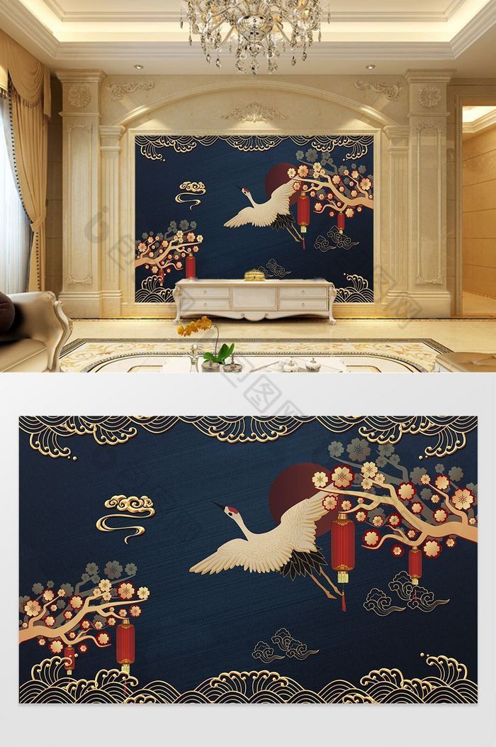中式国潮金色海浪祥云飞鹤背景墙图片图片