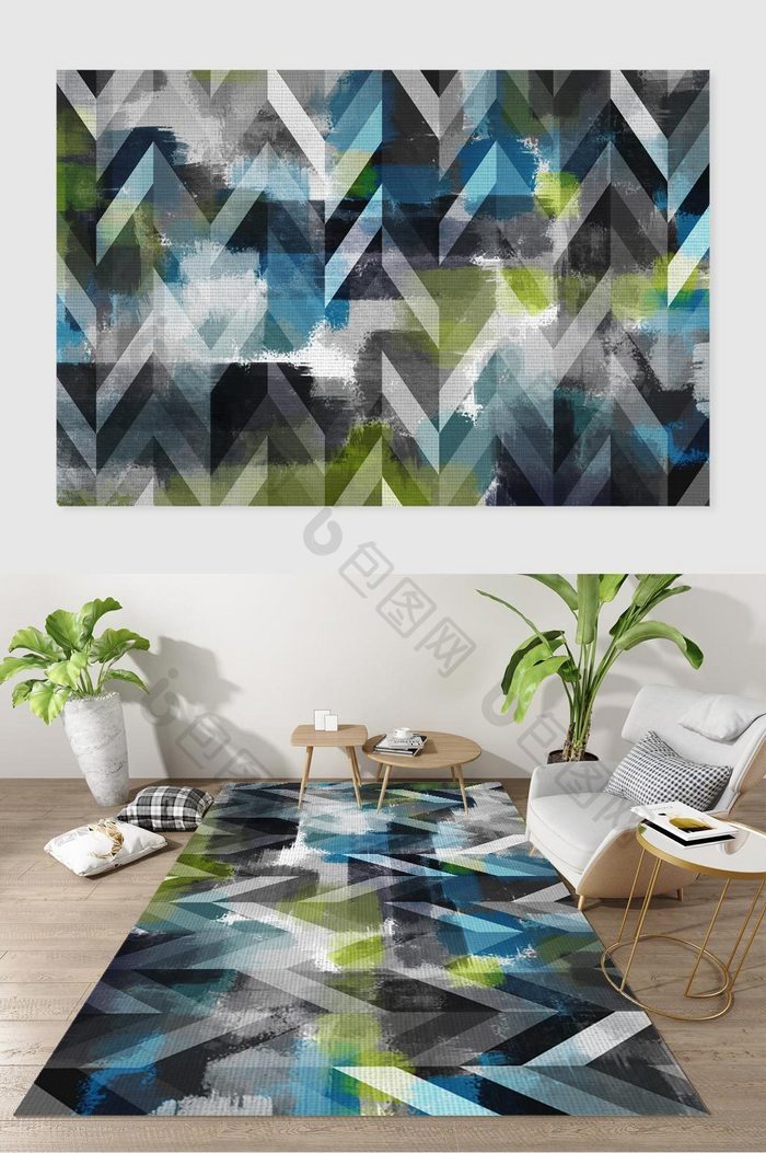 北欧简约抽象蓝黑绿色块几何客厅地毯图案