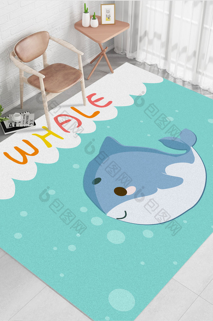 现代北欧卡通手绘蓝色海豚儿童房地毯图案