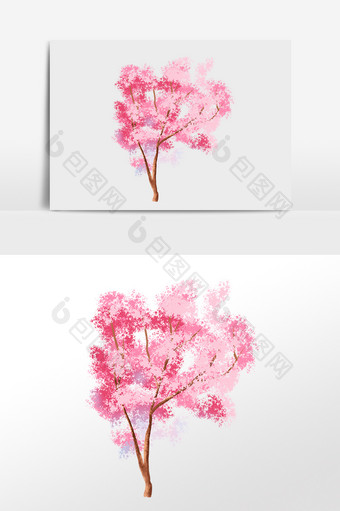 手绘夏季植物小树粉色桃花树插画图片