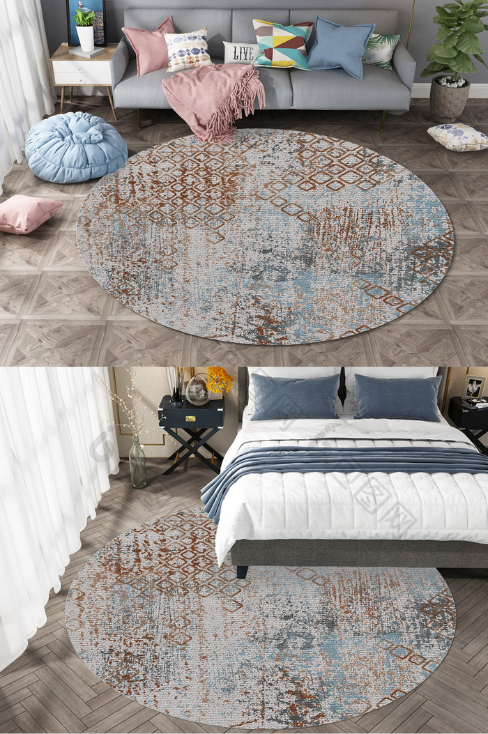 北欧风土耳其色块几何客厅卧室圆形地毯图案
