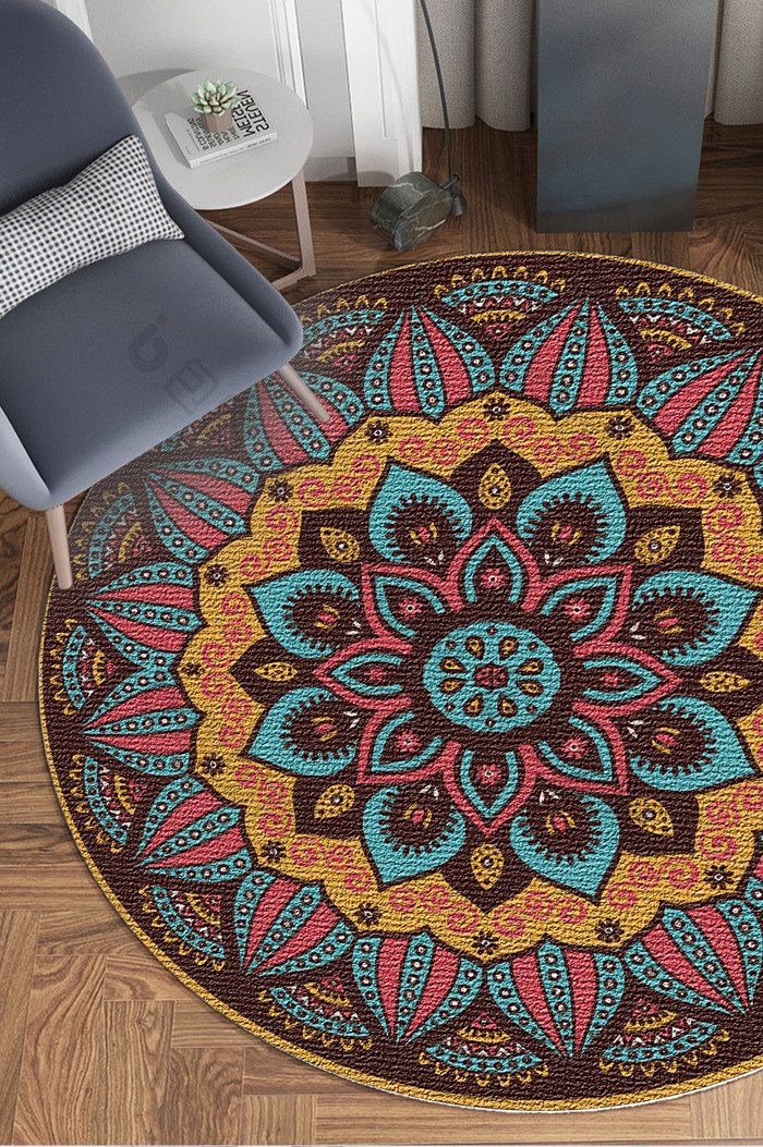 新中式复古民族花纹客厅卧室圆形地毯图案