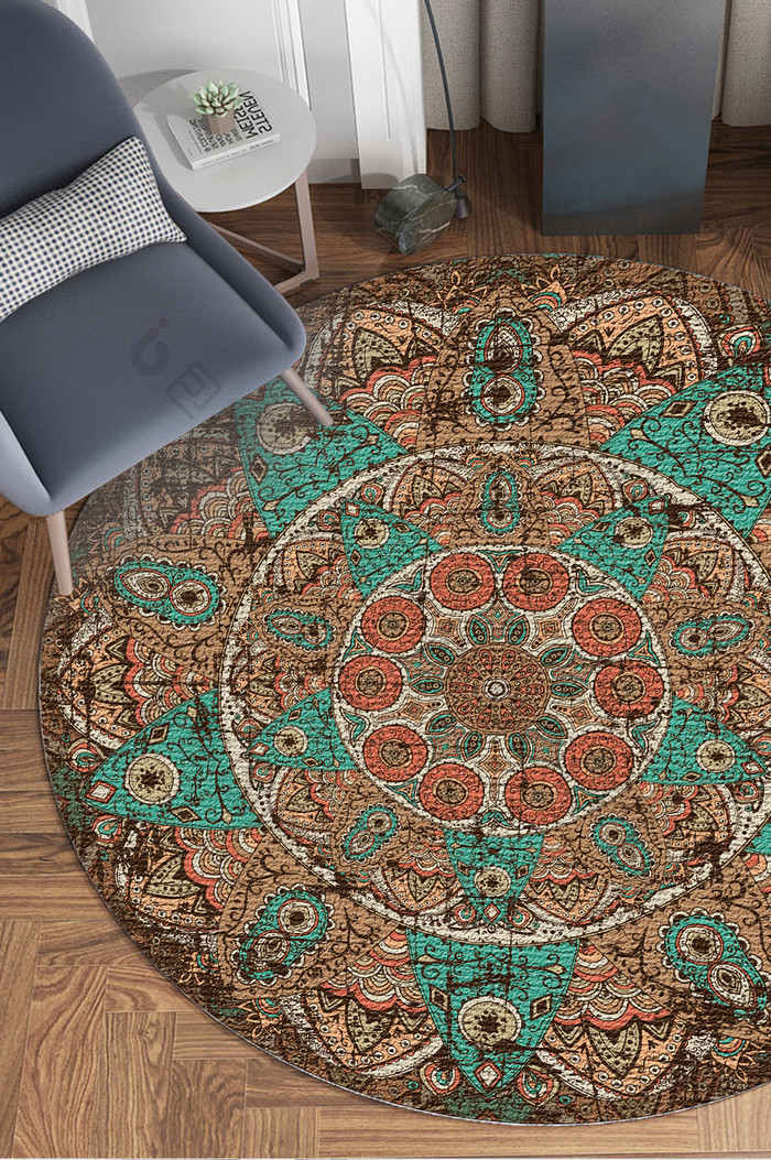 欧式古典复古民族花纹客厅圆形地毯图案
