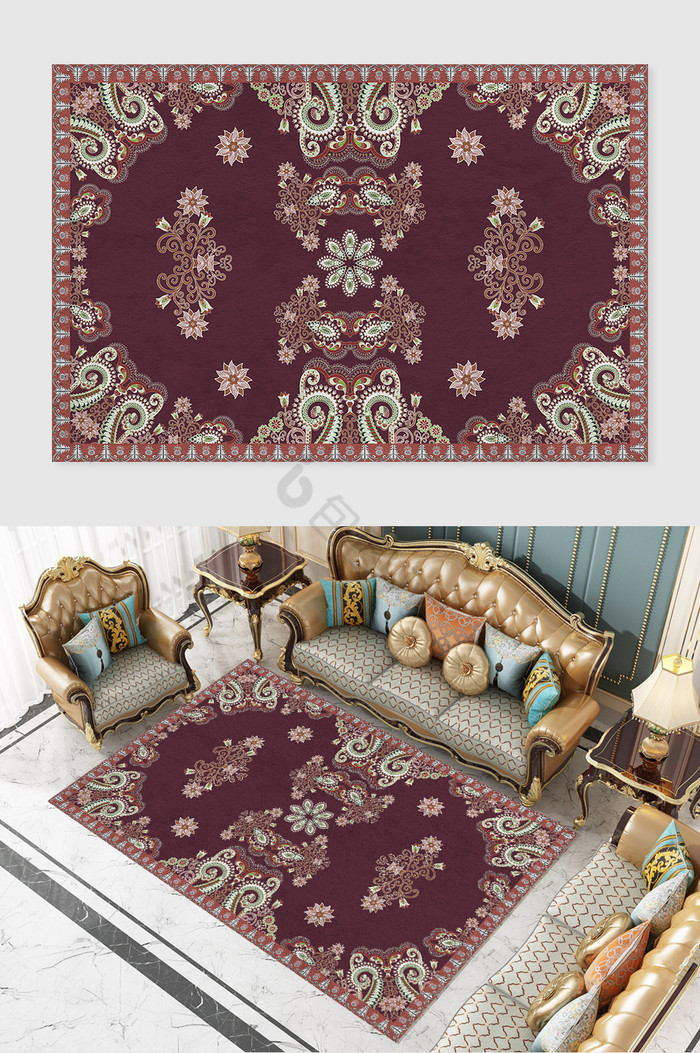 复古红底欧式复古卷草纹样奢华地毯图案图片