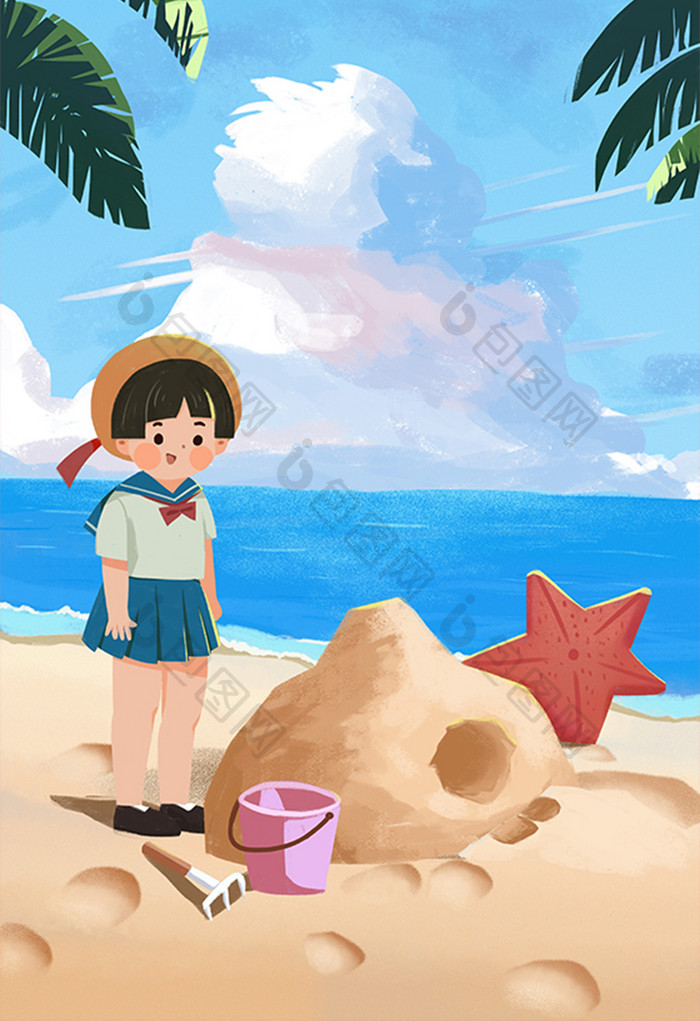 卡通扁平夏日旅游度假小女孩堆沙子沙滩插画