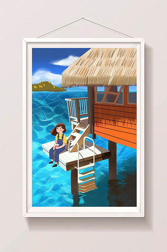 卡通扁平夏日旅游海滩度假女孩插画图片