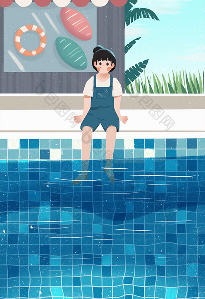 卡通扁平大暑节气炎热泳池游泳少女插画
