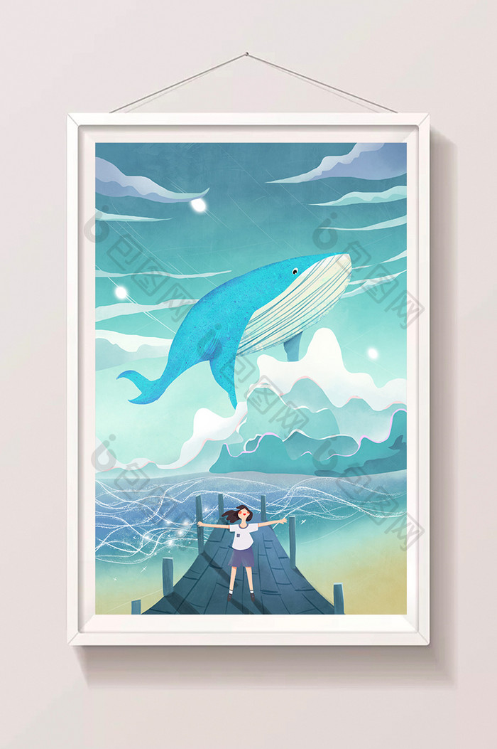 清新唯美世界海洋日大海鲸鱼少女插画